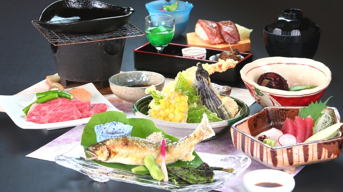 【飛騨牛鉄板焼き】人気の「飛騨牛」を季節の会席料理と一緒に味わえる◆1泊2食